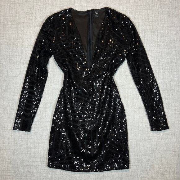 Windsor Deep V Neck Size S Little Black Dress Sequins Homecoming Going Out Mini - Picture 2 of 9